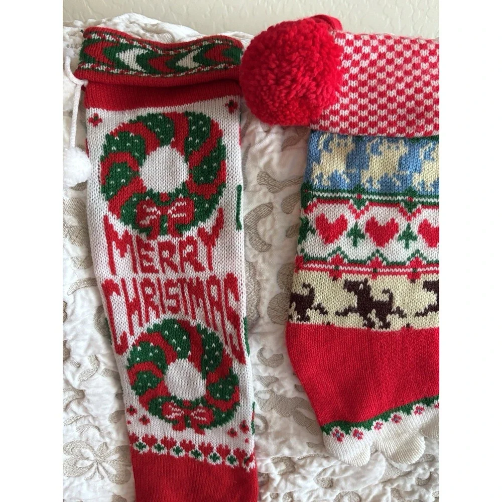 3 Vintage CHRISTMAS Stockings knit Dog, Santa/Carolers/Toys Merry Christmas 1960